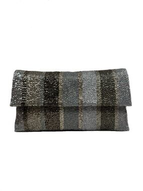 Moyna Couture Neutral Metallic Stripe Beaded Crossbody Clutch